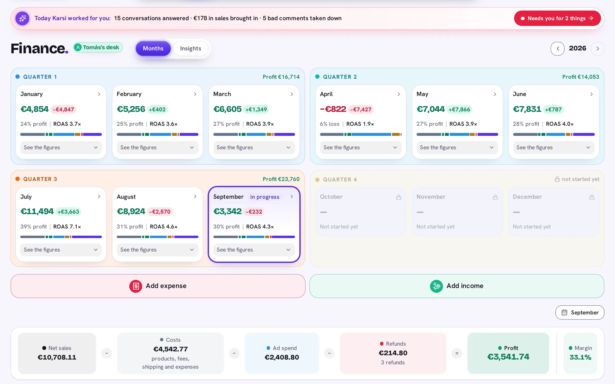 The Finance page of the Karsi AI app