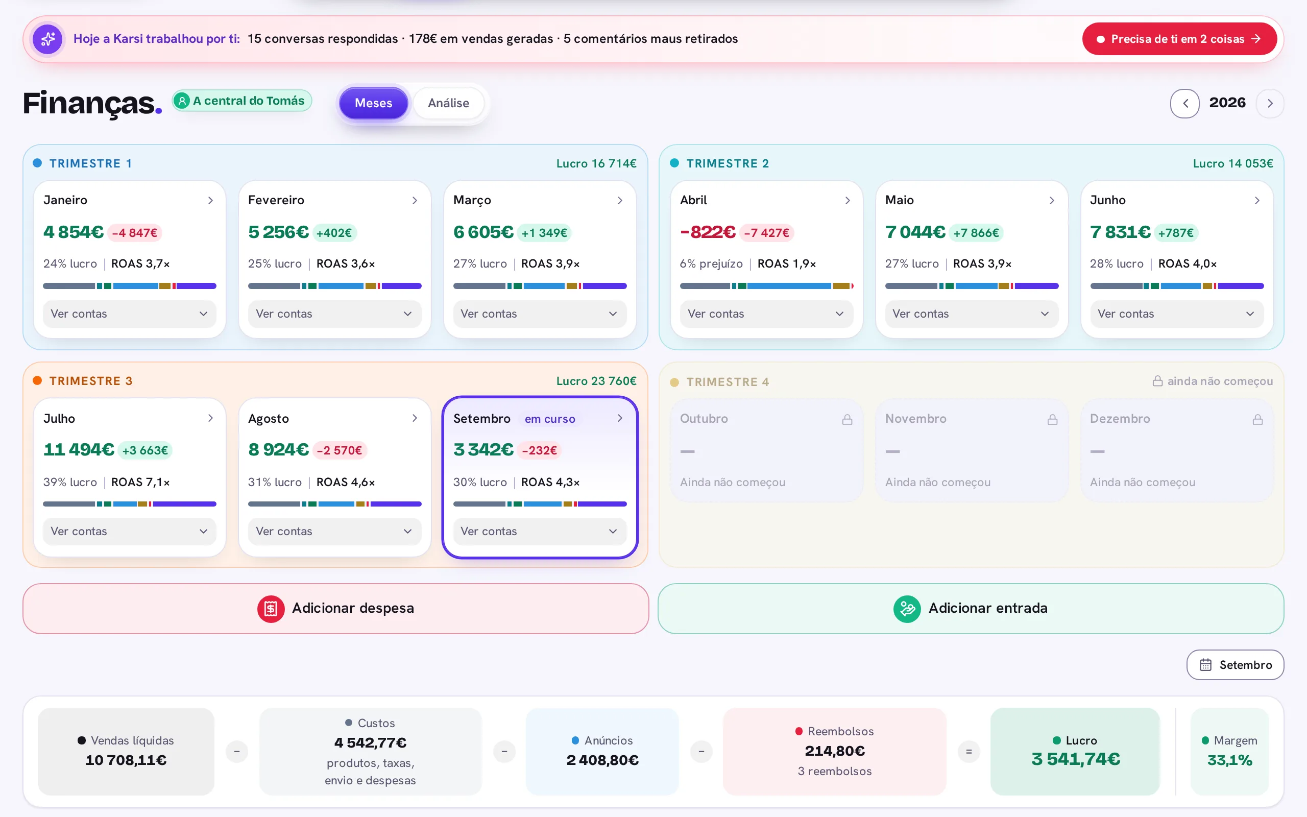 A página Finanças da app Karsi AI