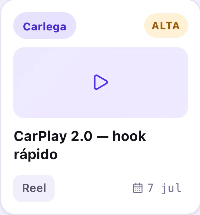 O vídeo do Daniel em Edição: CarPlay 2.0, hook rápido, da carlega, prioridade alta, um Reel para 7 de julho.