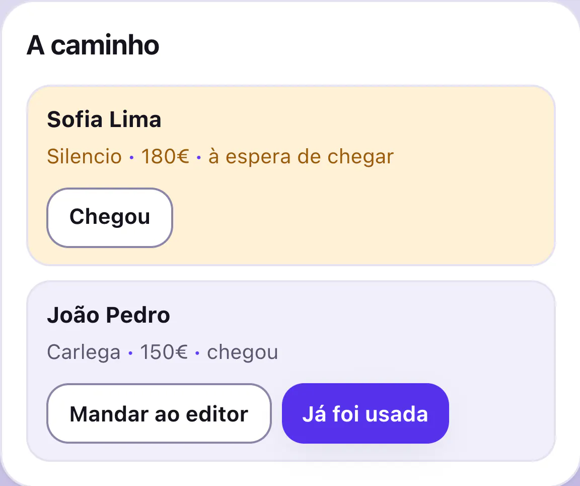 A caminho: a peça da Sofia Lima para a Silencio, 180€, à espera de chegar, com o botão Chegou; e a do João Pedro para a carlega, 150€, que já chegou, com Mandar ao editor e Já foi usada.